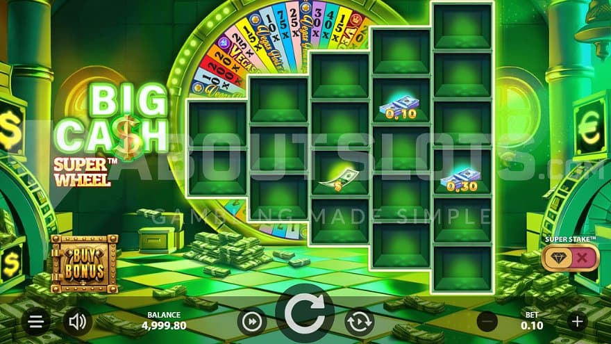 A casino slot with a wheel behind it.