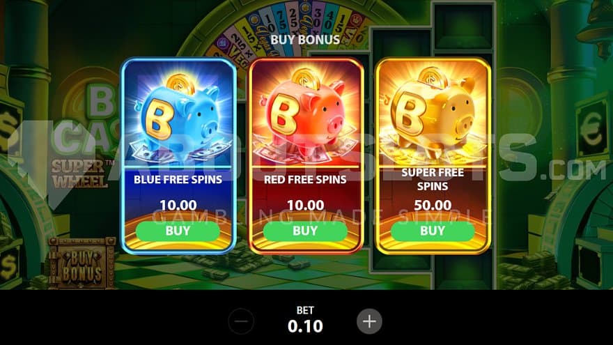 A screen offering the Free Spins for 100X the bet and the Super Free Spins for 500X the bet.
