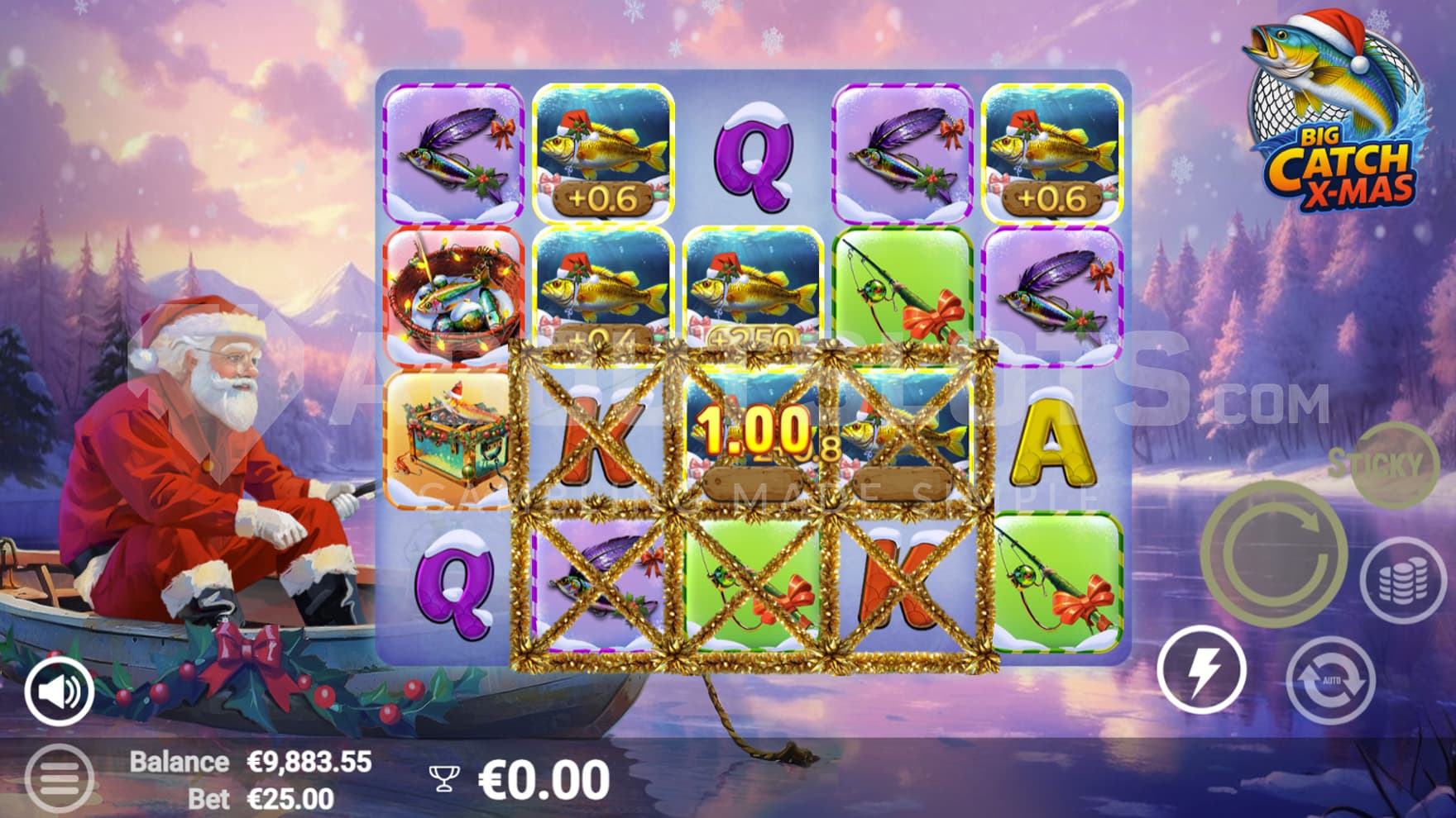Fisherman's Net feature triggered in the base game, catching instant prizes on the grid.