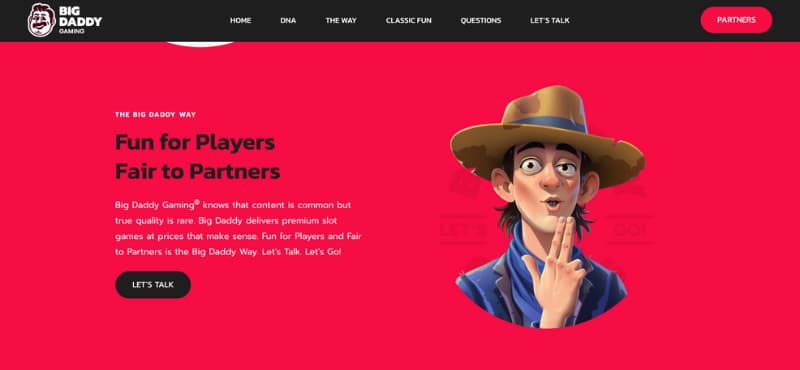 Landing page of Big Daddy Gaming that shows a headline saying Fun for Players, Fair to Partners.