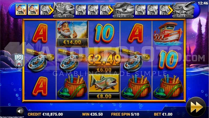 A fisherman on reel 2 haul in cash symbols.