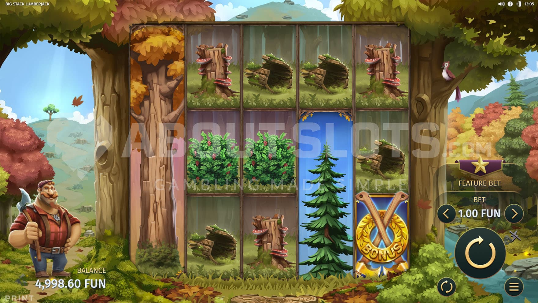 Base Game view of a 5x3 grid set between two trees on a natural landscape of green hills.