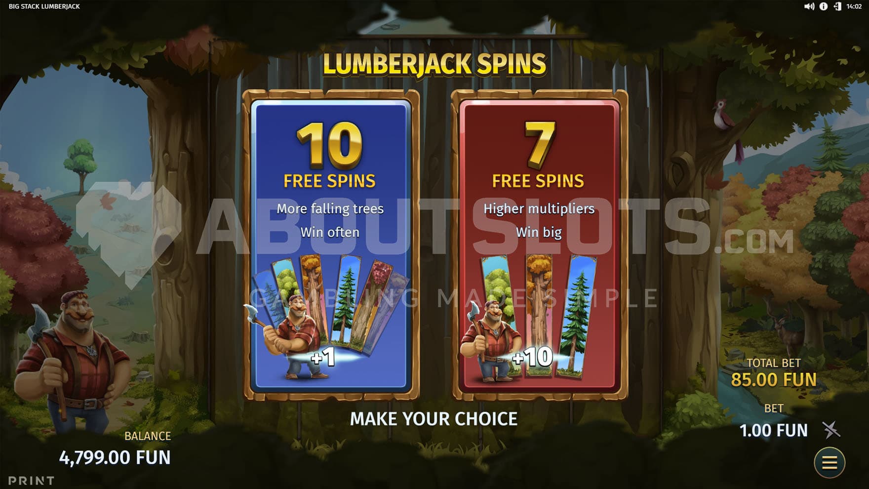 Pre-bonus page with a choice between two free spins rounds with different conditions.