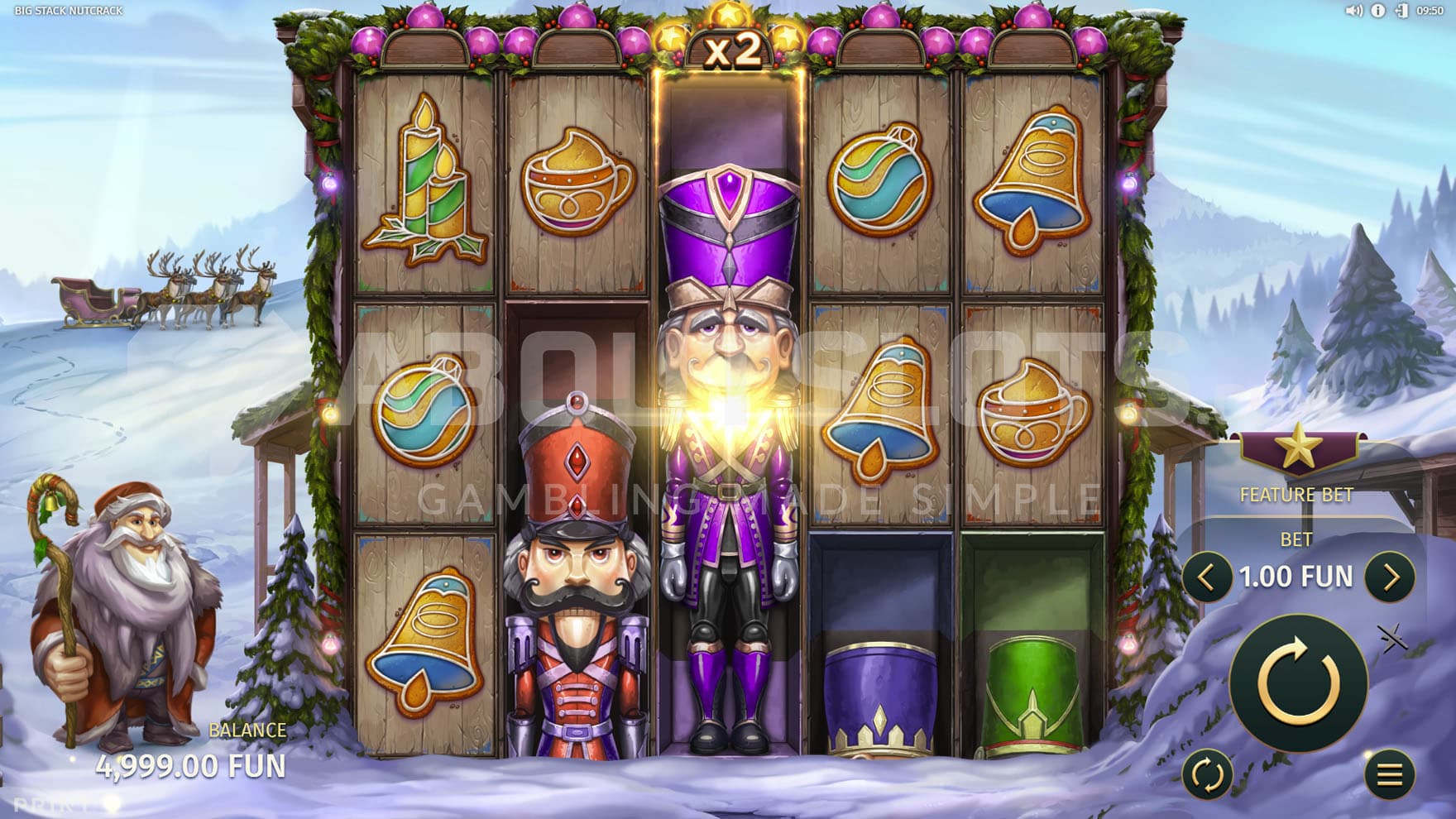 Base Game view of a 5x3 grid on backdrop showing a natural winter landscape.