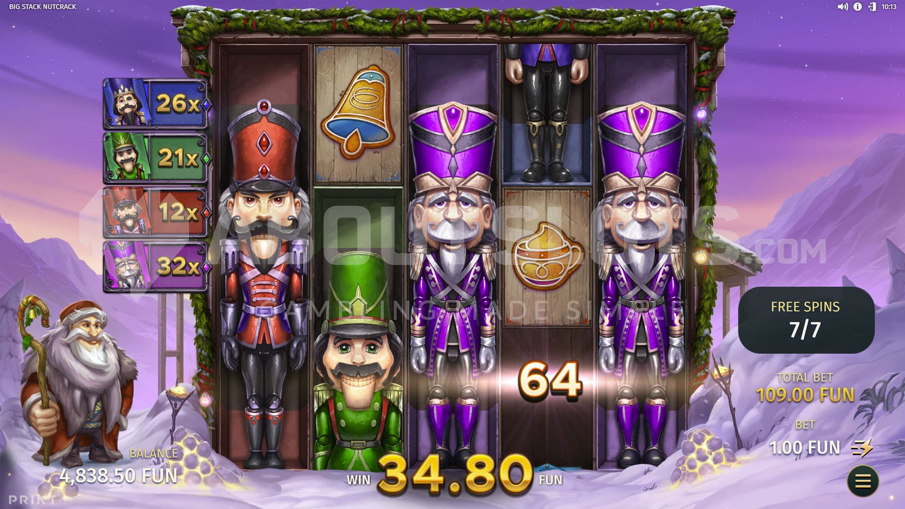 Nutcracker Spins in progress, showing a Yuletide Gift prize being multiplied by x32.