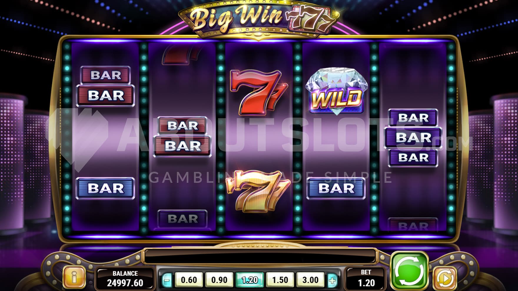 Base Game view of a 5x3 grid populated with classic casino symbols on a purple background.