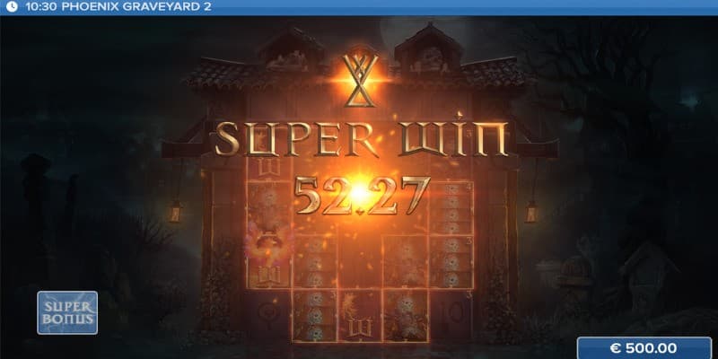 Big win screen showing a win of 52.27 in the center.