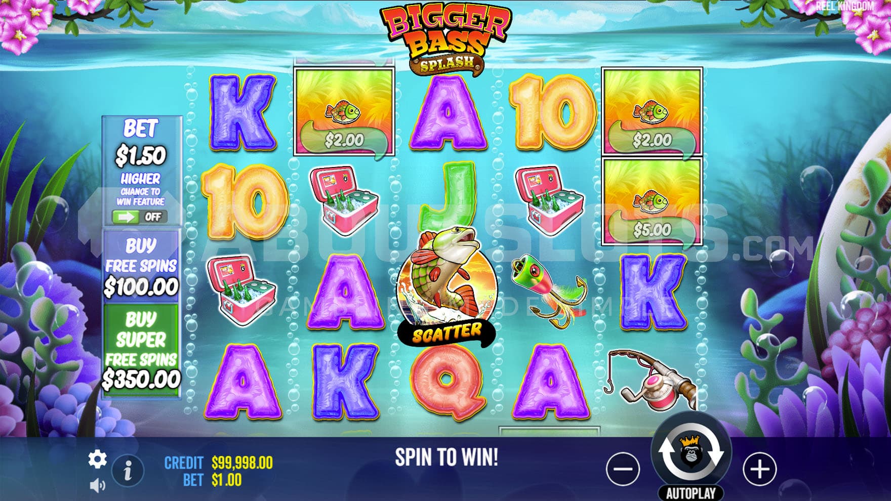 Base Game view of a 5x4 grid with a mix of regular and special symbols on an underwater landscape backdrop.