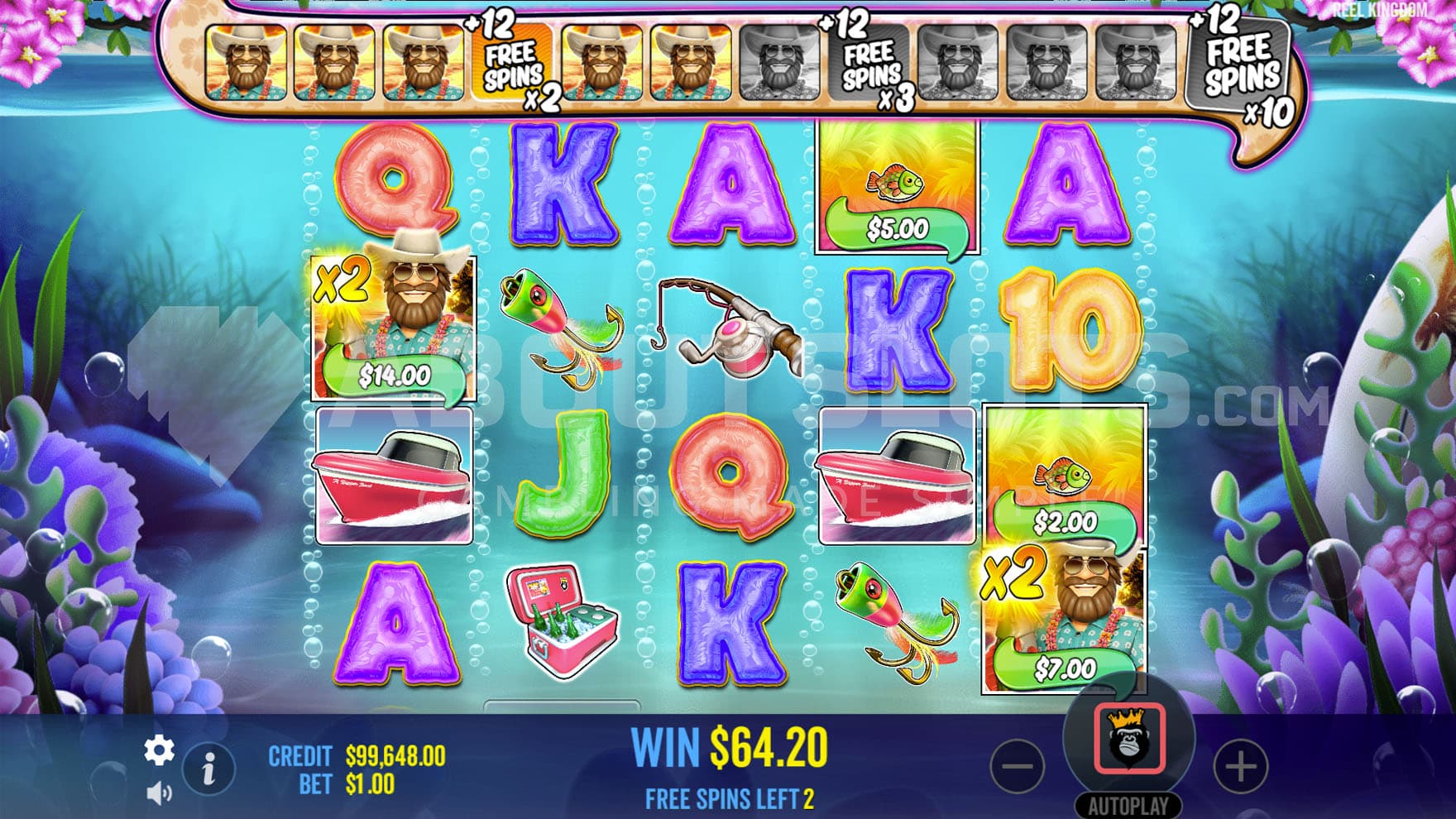 Super Free Spins bonus in progress with multiple symbols accumulated on the trail and two Fisherman Wilds on the grid.