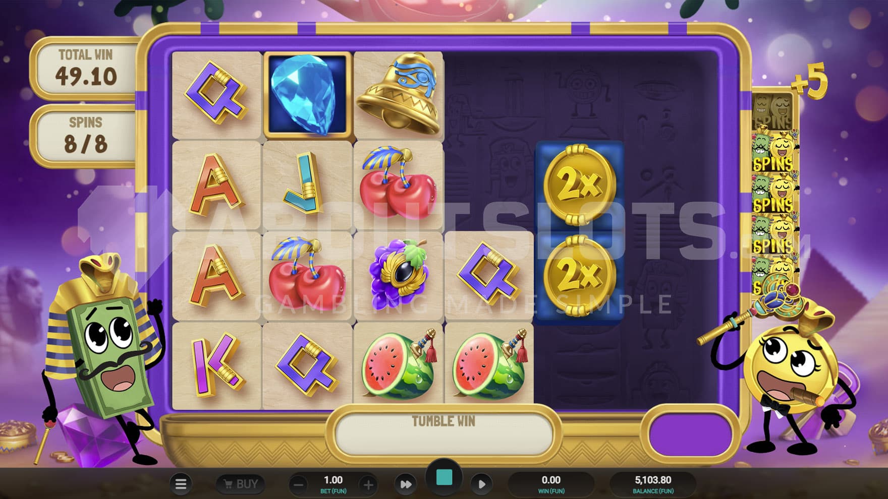 Sticky Coins Bonus in progress, showing 2 Sticky Coins on reel 5.