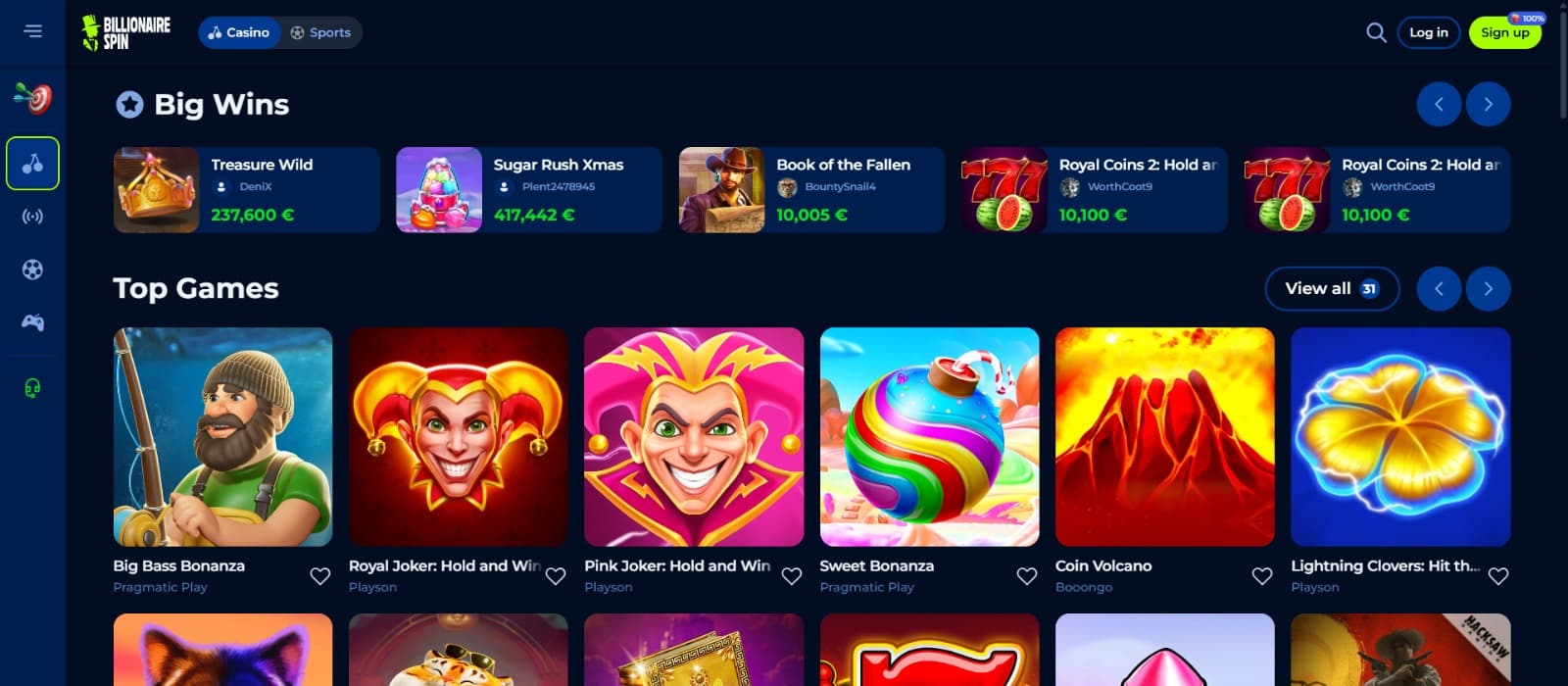 Billionairespin casino games page with top slot titles under the casino's big wins