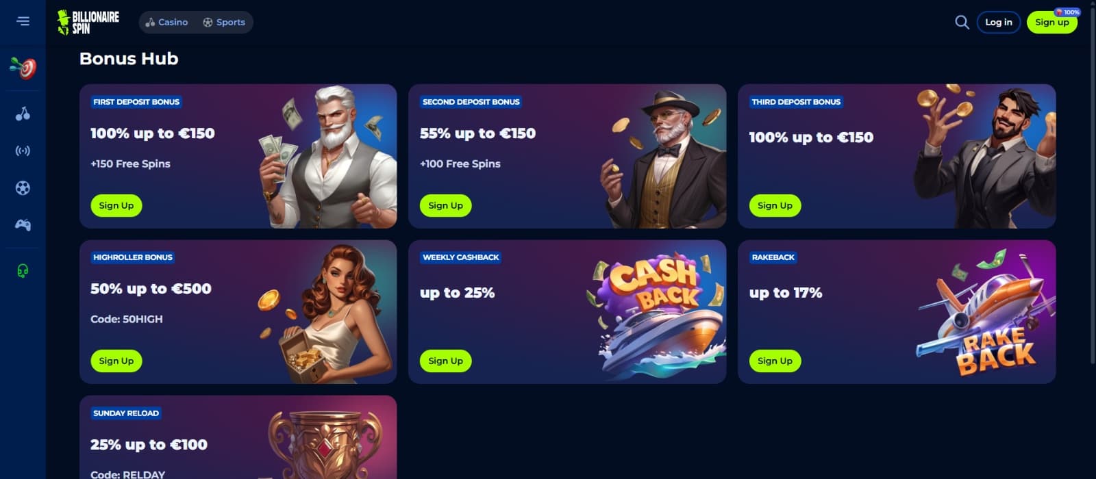 Billionairespin casino bonus page with three deposit welcome bonus , high roller and cashback bonuses