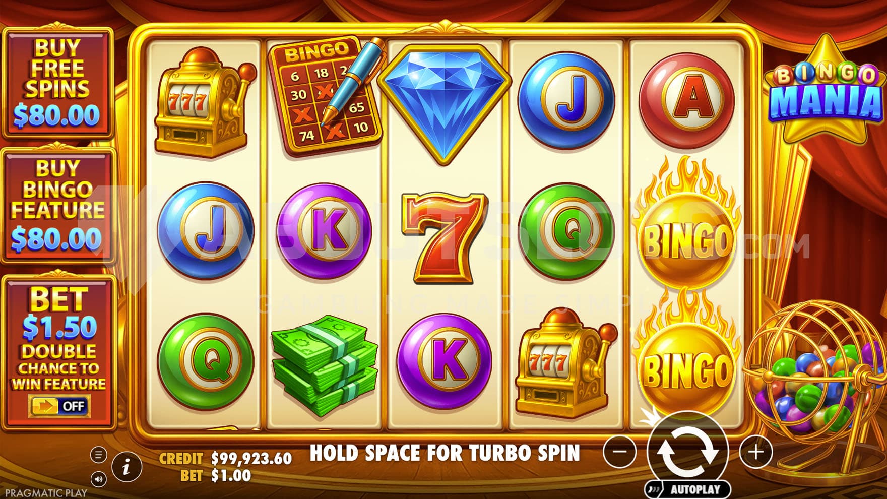 Base Game view of a 5x3 grid populated by a mix of casino and bingo-themed symbols.