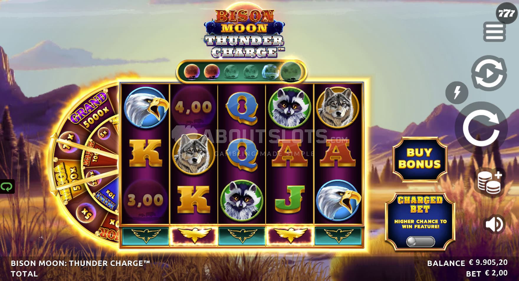 Base Game screenshot of a 5x3 grid on a backdrop of a natural, mountainous landscape.