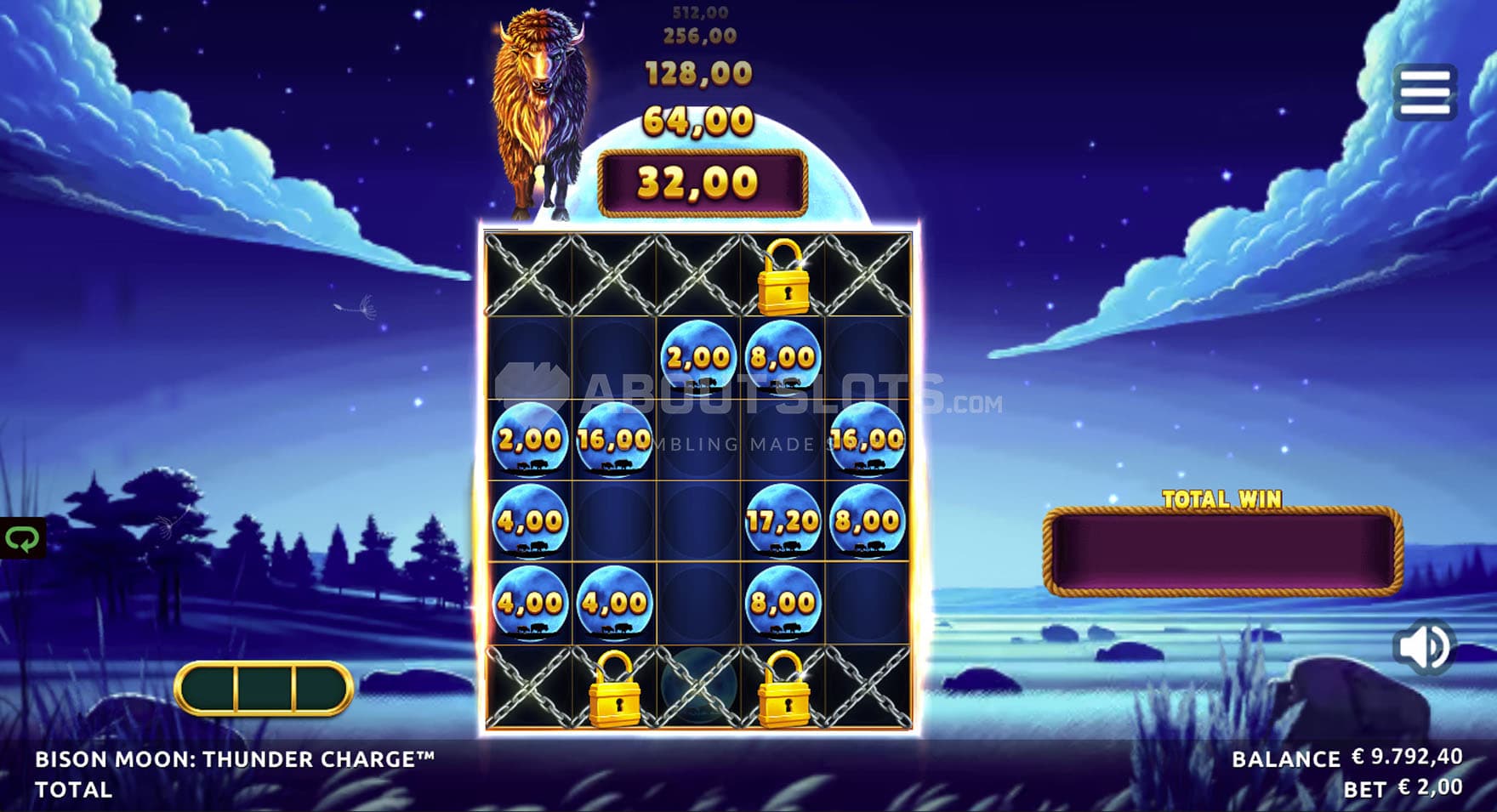 Thunder Charge Bonus in progress, showing multiple cash symbols locked on the grid.
