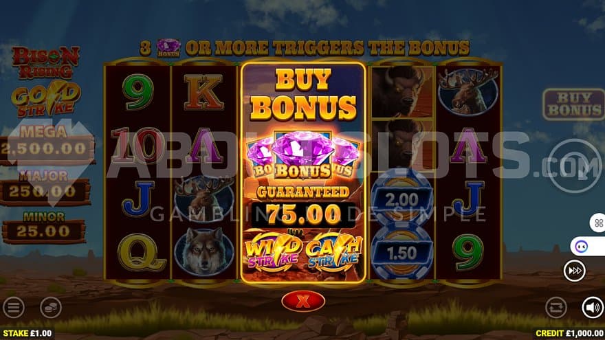 A screen offering the Bonus Games for 75X the bet.