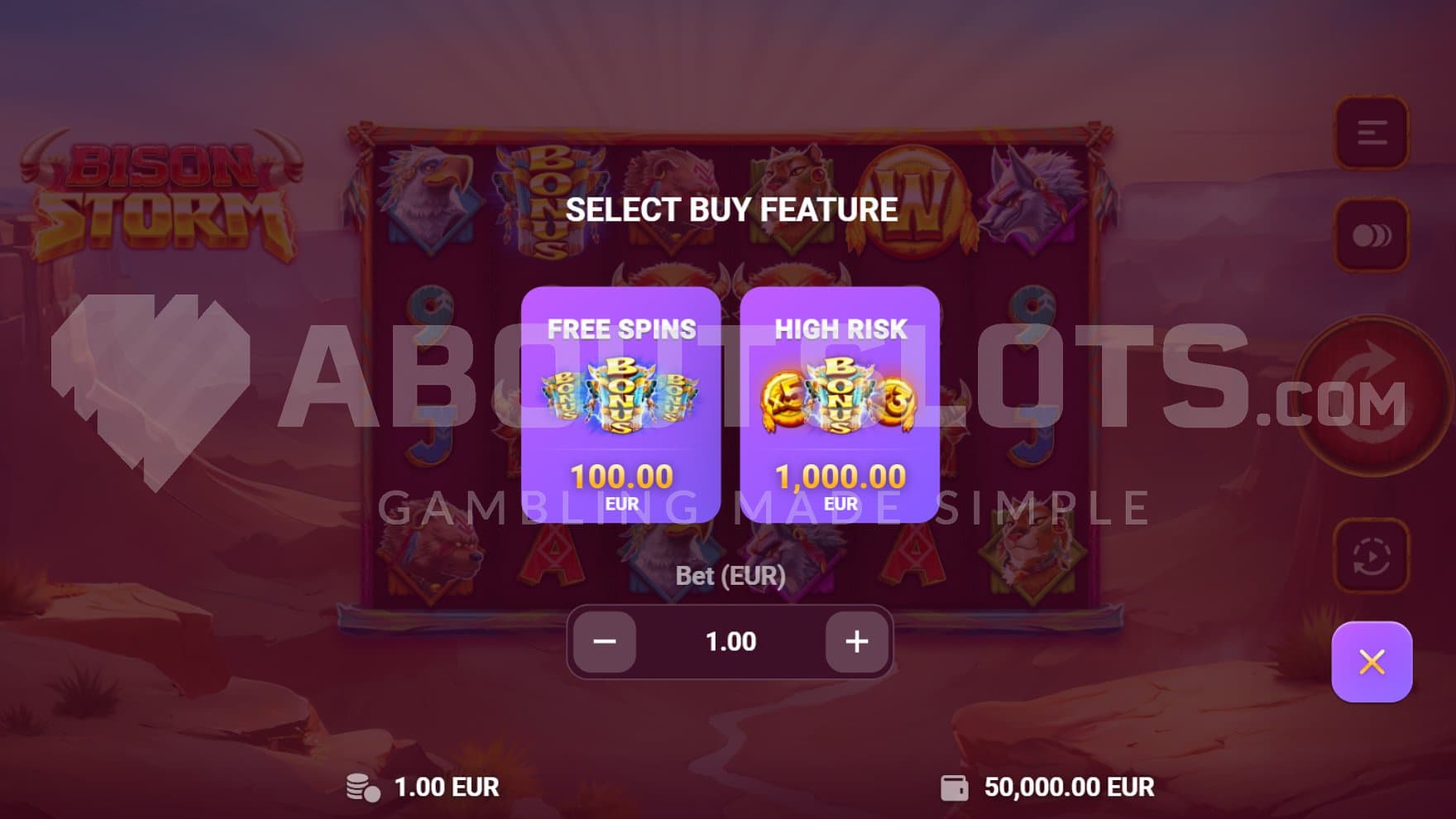 A menu offering the Free Spins for 100x the bet and the high-risk Free Spins for 1,000x the bet.