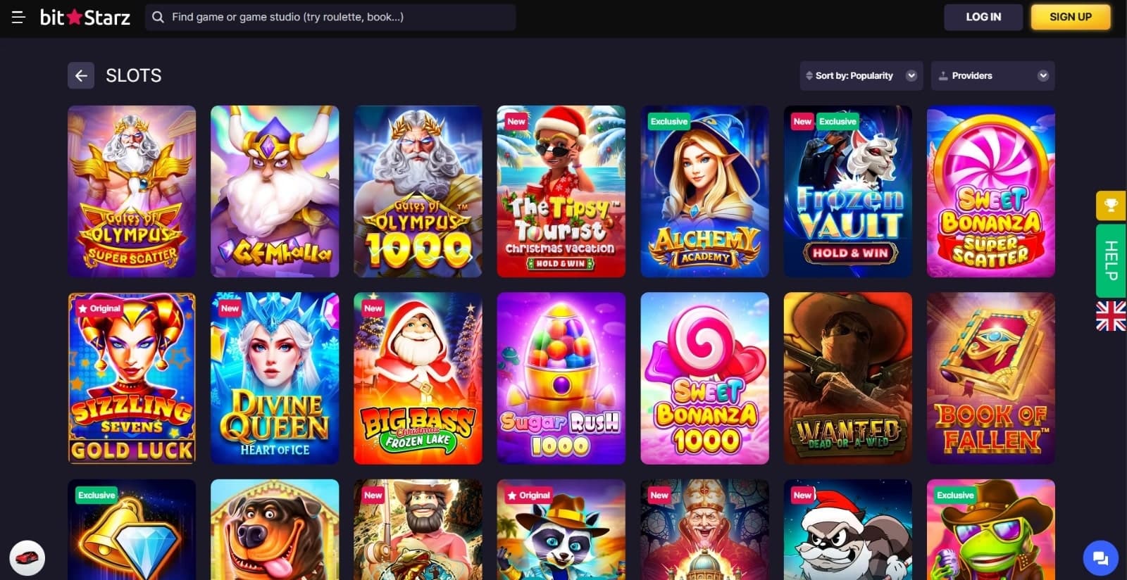 BitStarz Casino games page with the various colorful slot game icons for Gates of Olympus, Sugar Rush, Sweet Bonanza,, search bar at the top