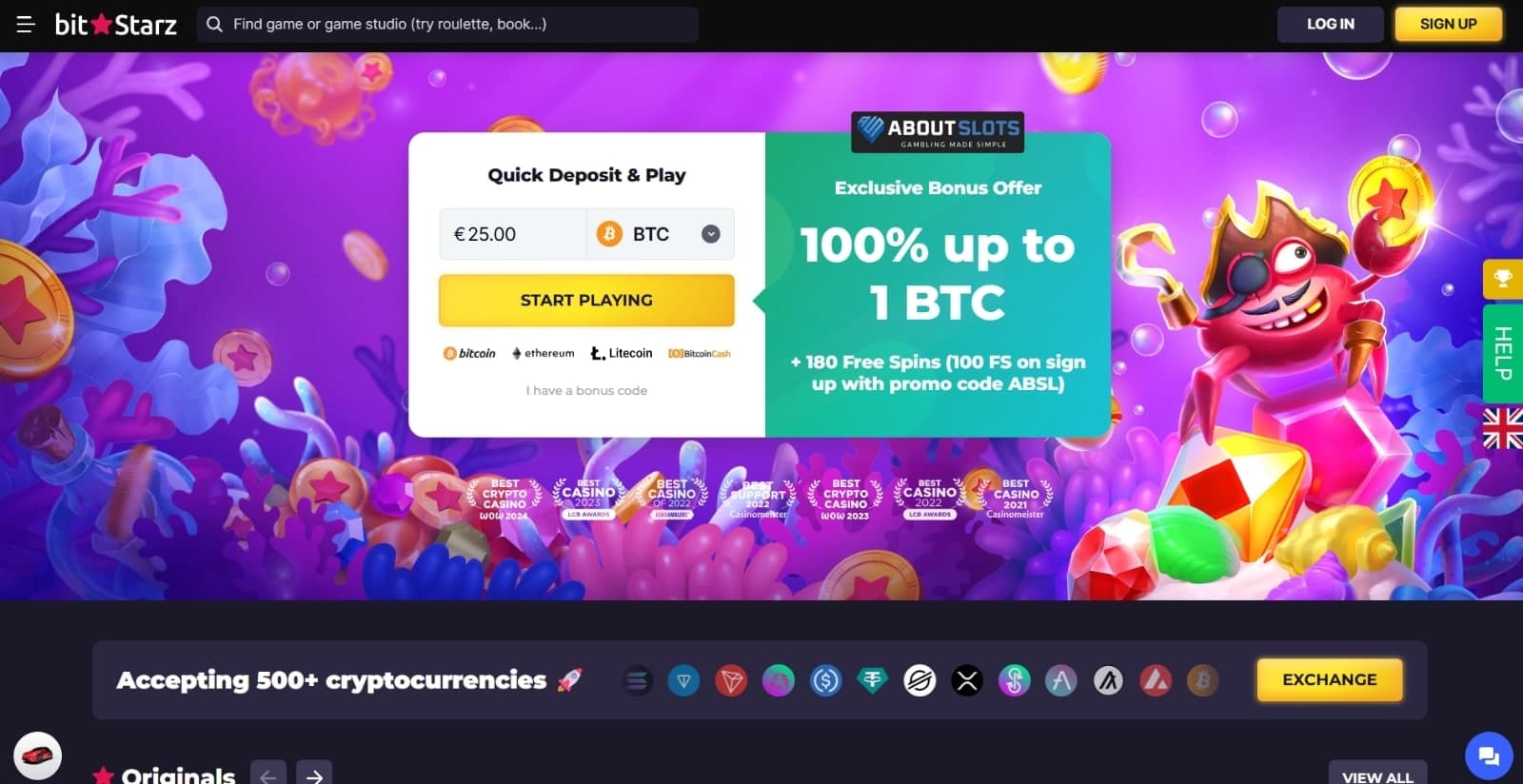 BitStarz Casino landing page with the welcome bonus offer banner, casino logo and login options at the top