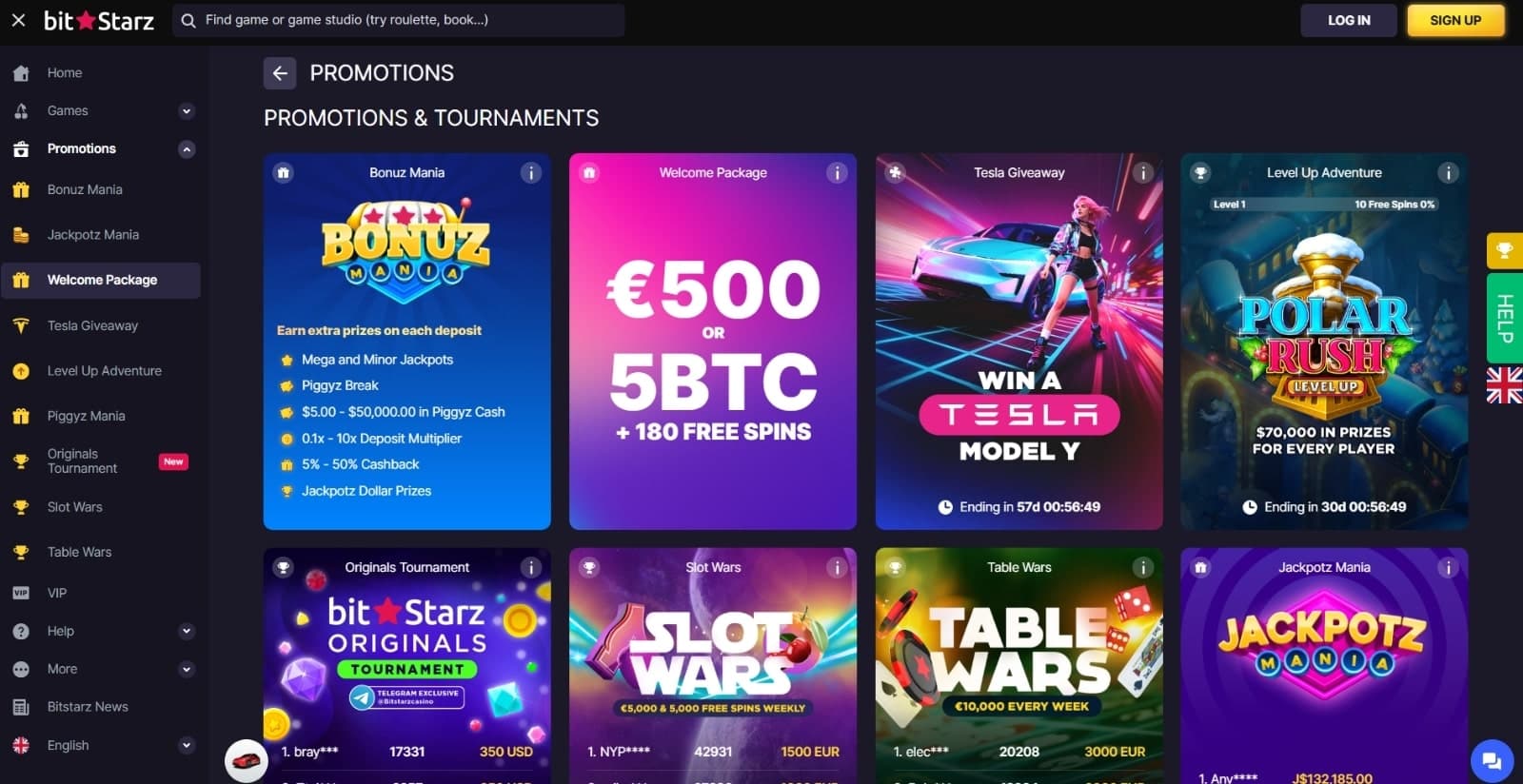 BitStarz Casino promotions page with the various bonus offer banners, casino sections filtering search bar at the top and login options