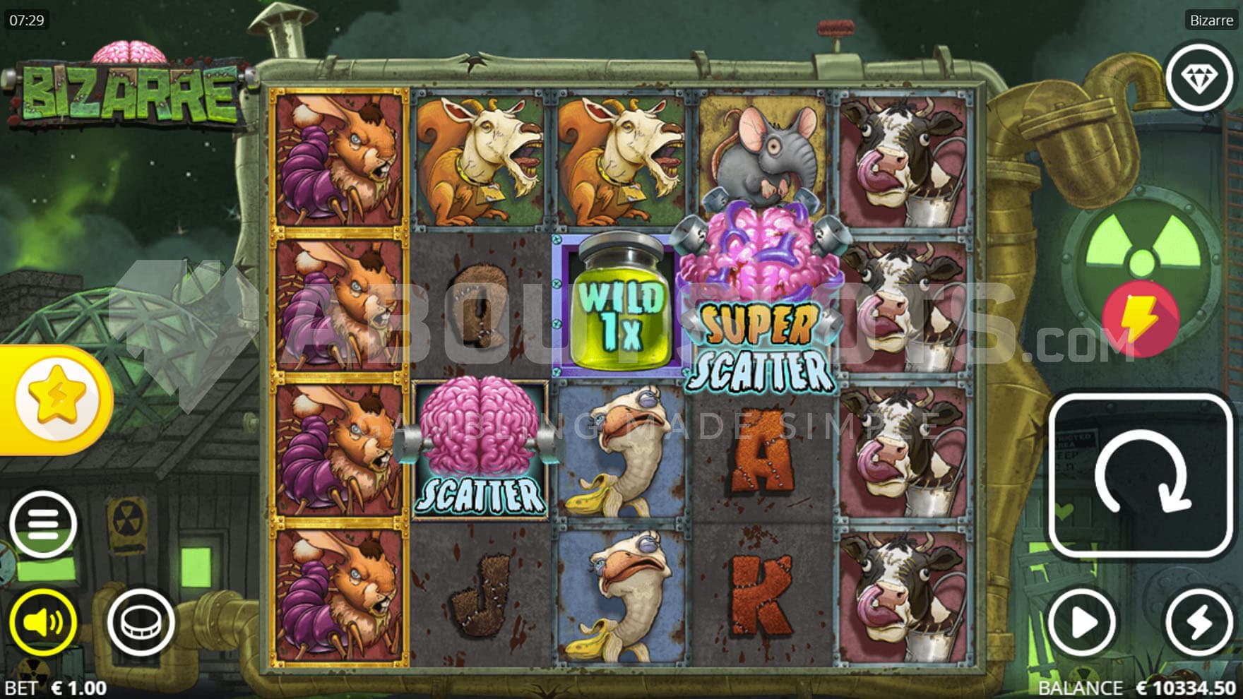 Base Game view of a 5x4 grid on a backdrop of a run-down farm transformed into a laboratory.