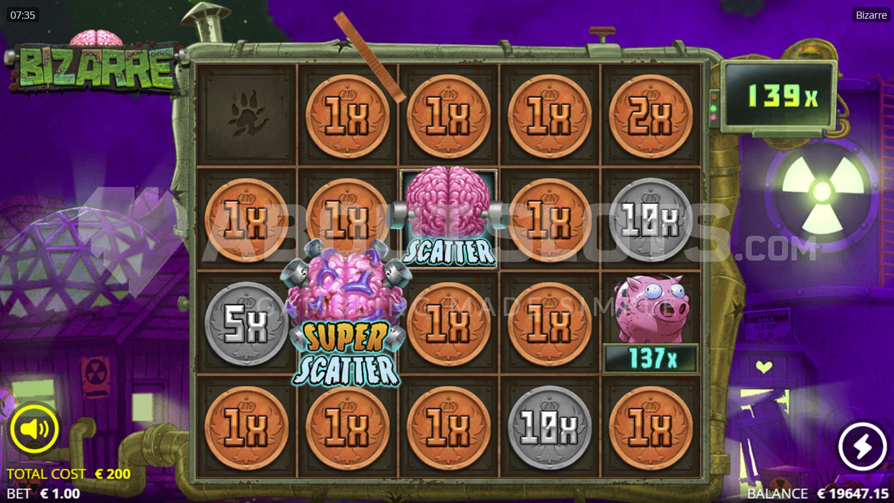 Coinage Bonus in progress, showing multiple Coins with multipliers and other special symbols on the grid.