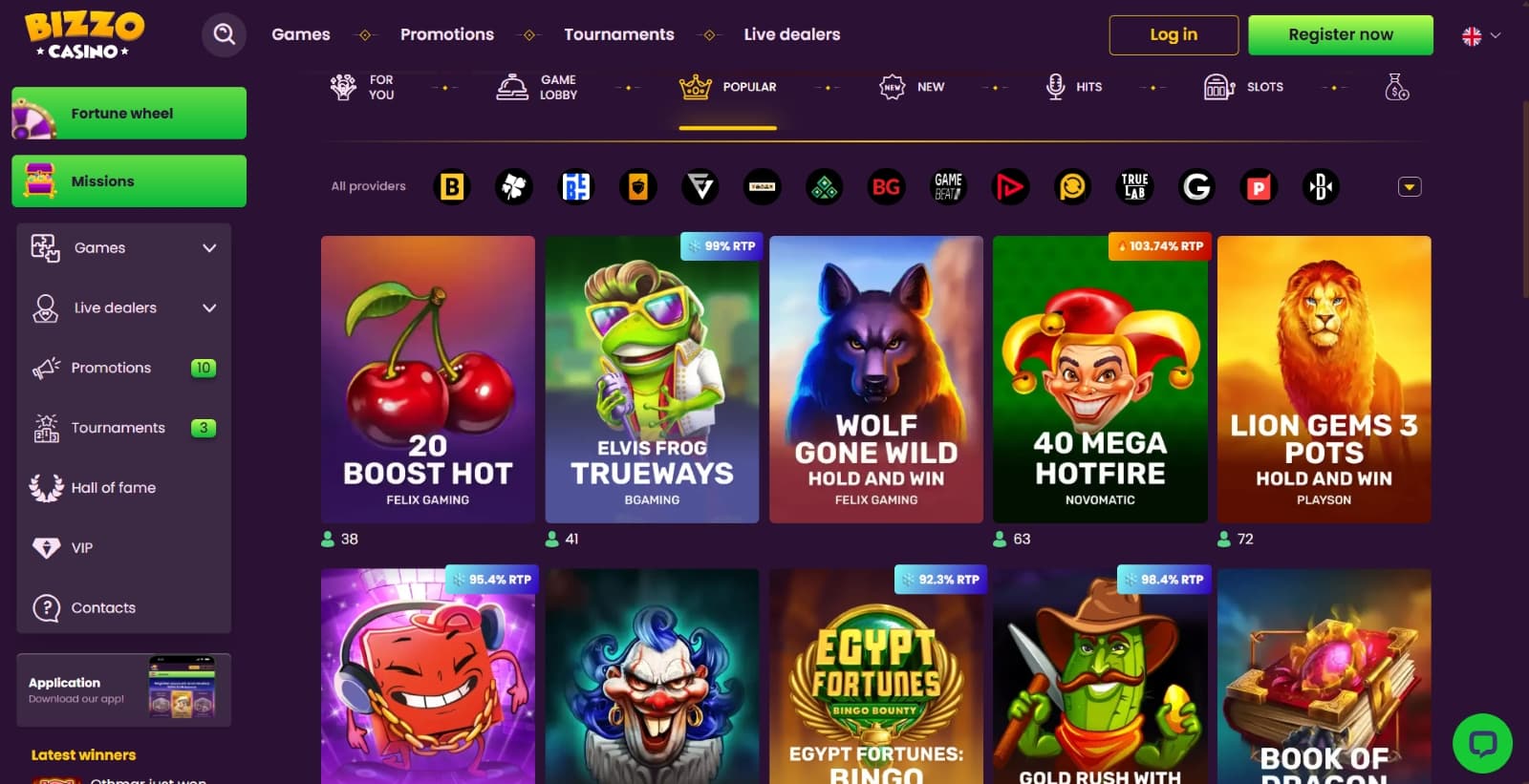 Bizzo Casino games lobby featuring the most popular slots such as Elvis Frog Trueways and Lion Gems 3