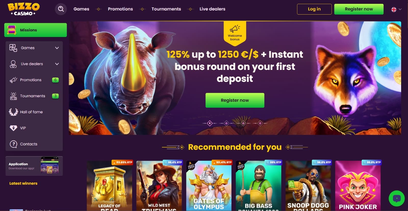 Bizzo Casino landing page featuring the 125% welcome bonus of 1250 euros and recommended slot titles