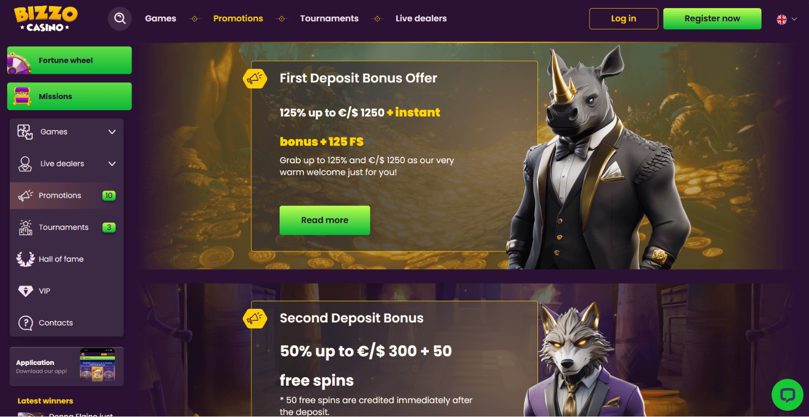 Bizzo Casino promotions page featuring the first and second deposit bonus offers with cash and free spins