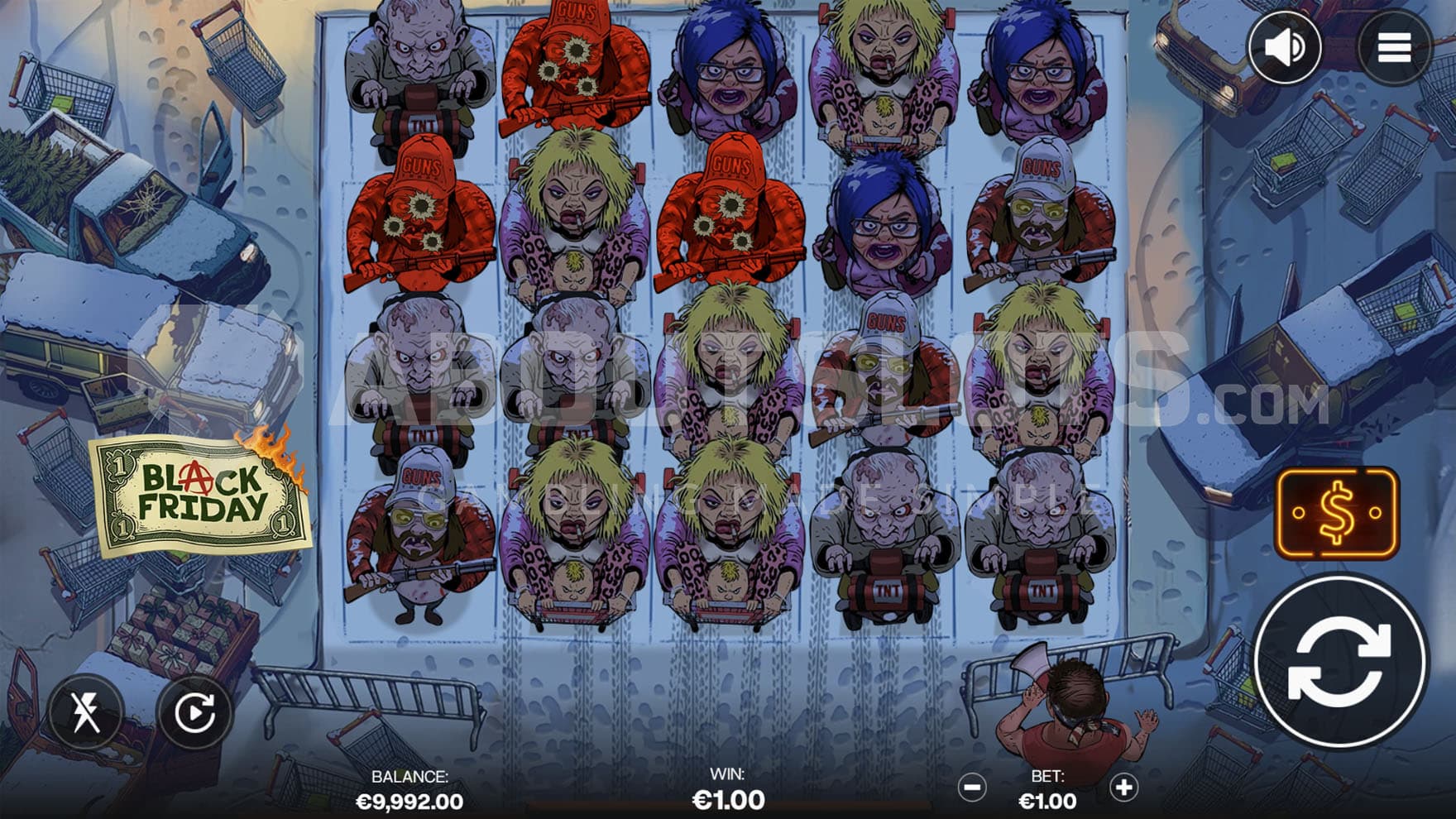 Parking Lot Stampede feature triggered in the base game, populating the grid with only high-paying symbols.