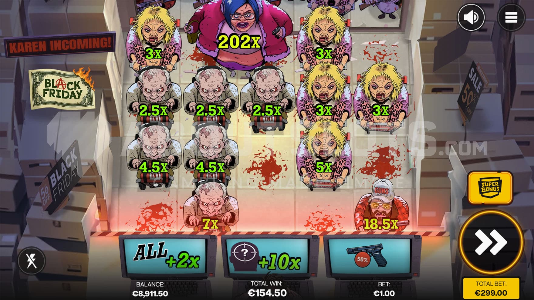 Super Bonus Game in progress, showing multiple customer character symbols with cash prizes on the grid.