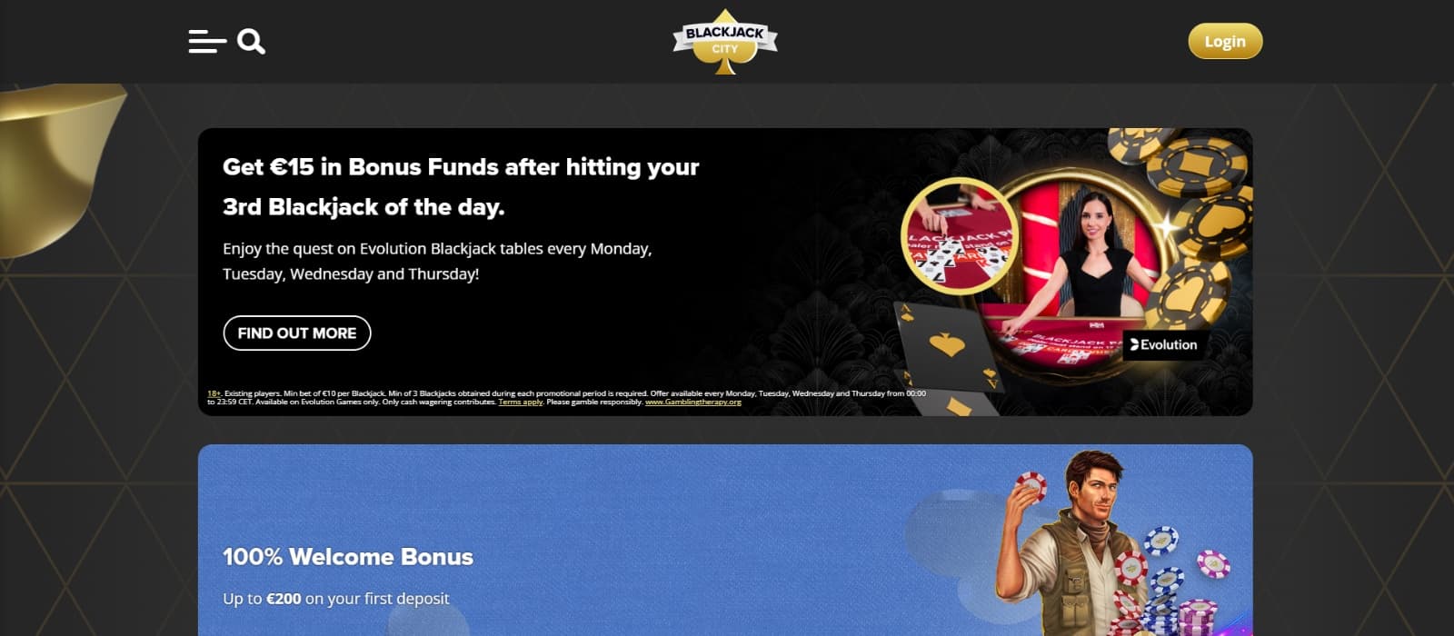 Blackjack City Casino promotions page with blackjack bonus and 100% welcome bonus