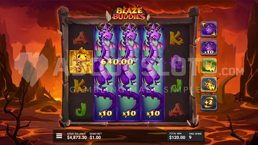 Free Spins bonus in progress with 5 active upgrades showing on the right and 3 expanded dragon symbols on 3 middle reels with a 630.00 win.