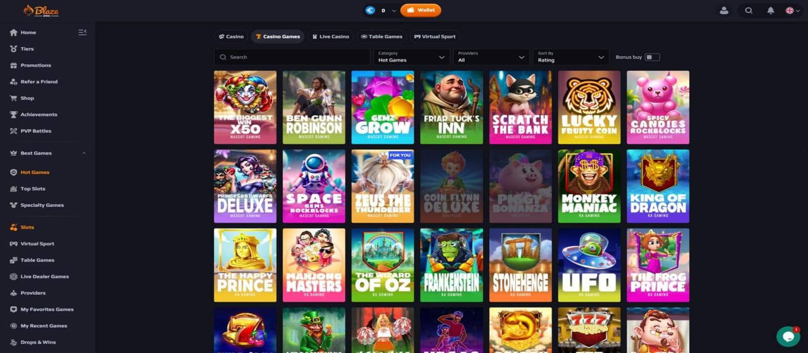 Blaze Spins Casino's slot games category, showing titles such as The Wizard of Oz.