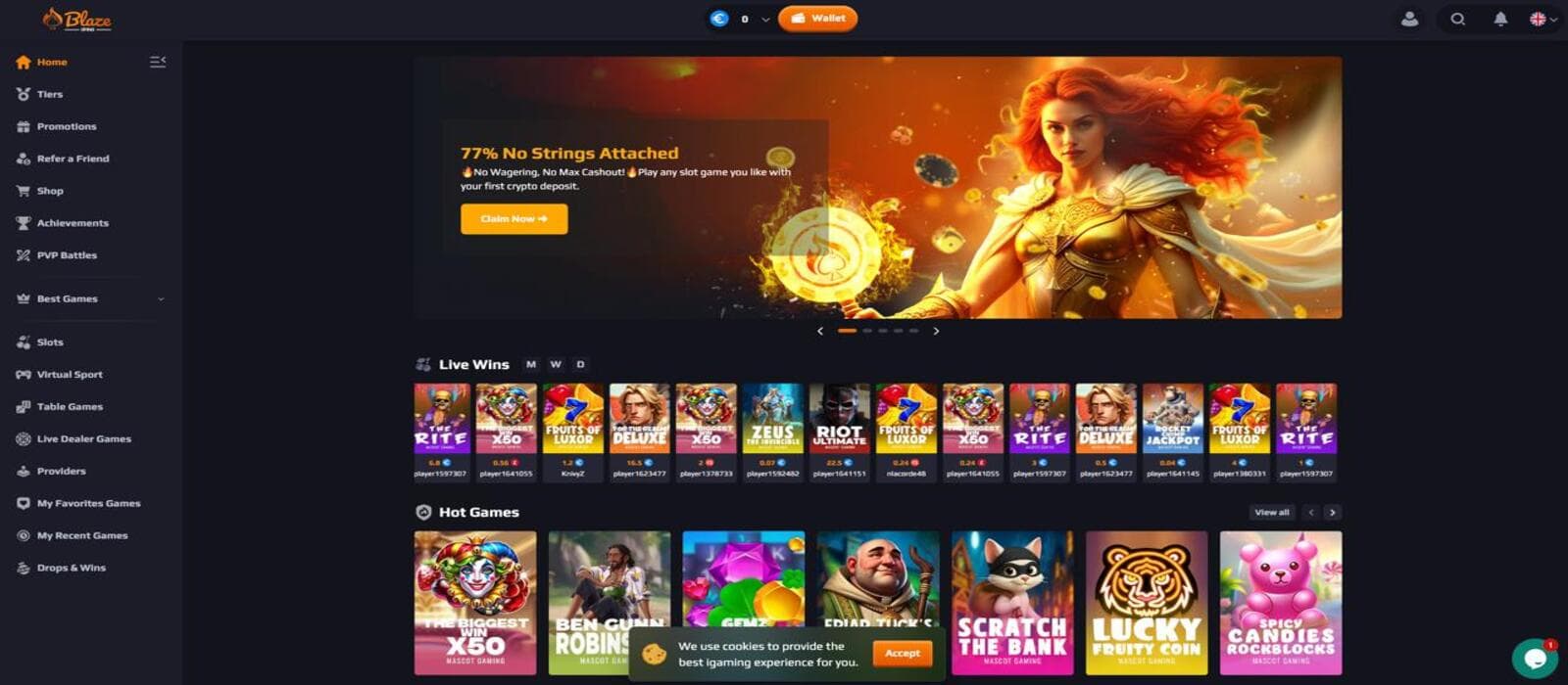 Blaze Spins Casino's homepage showing the first deposit bonus and a sidebar menu.