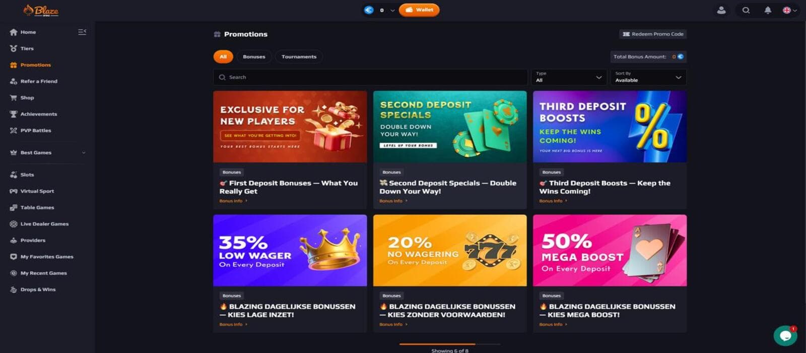 Blaze Spins Casino's promotion page, showing the welcome package and other reload offers.