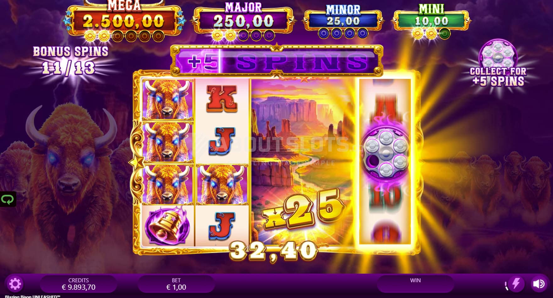 Screenshot of the Free Spins bonus in progress, with an Expanding Wild on reel 3 and 4.