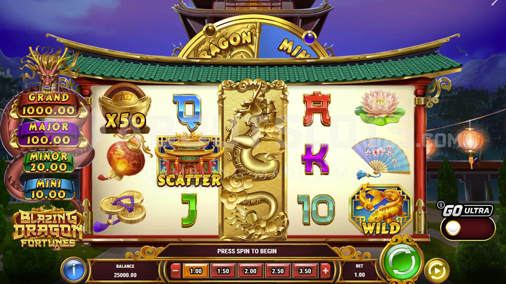 Base Game view of a 5x3 grid set in a classic Chinese building.