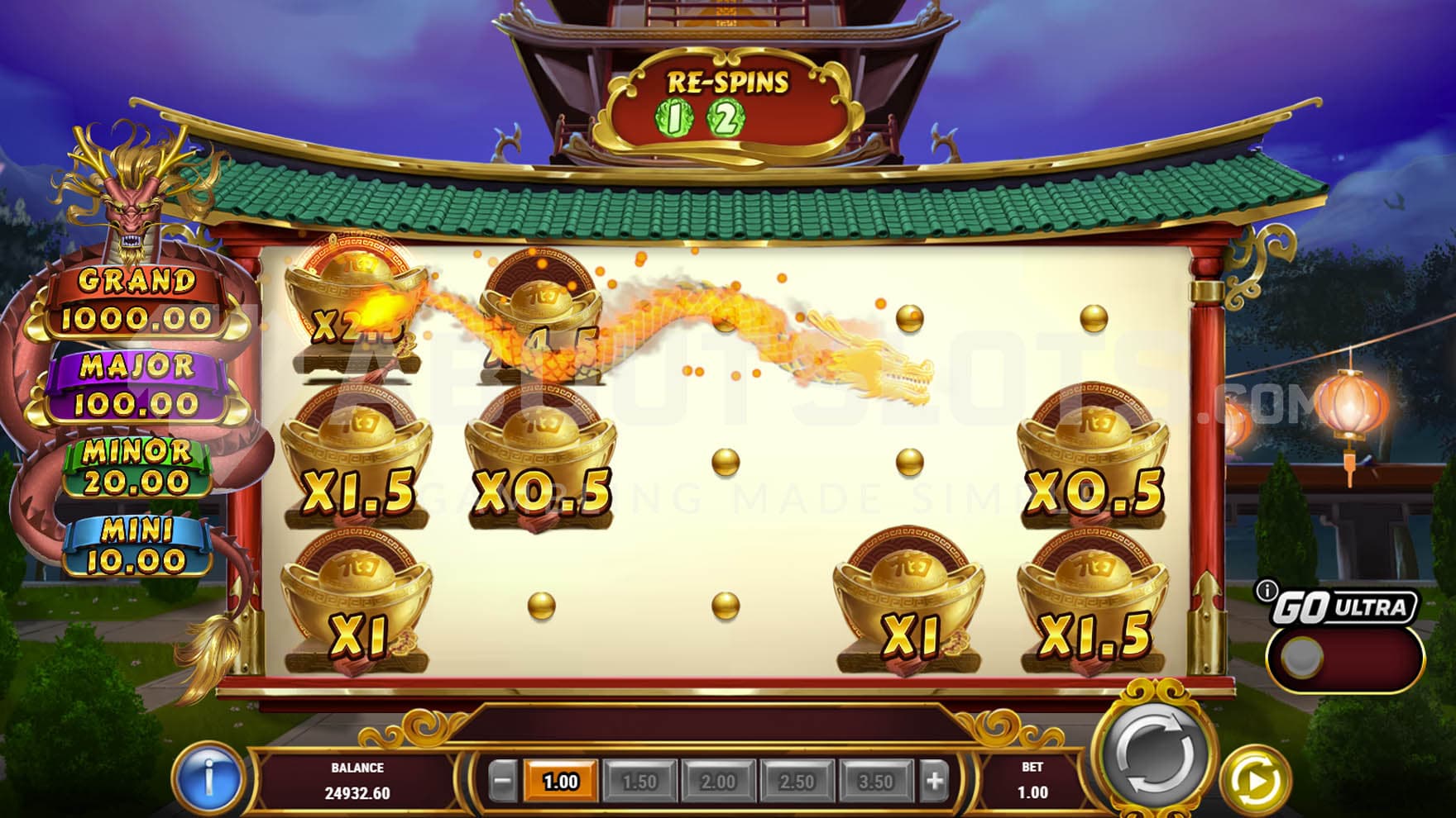 Dragon Bonus in progress, showing multiple Golden Nuggets with cash prizes locked on the grid.