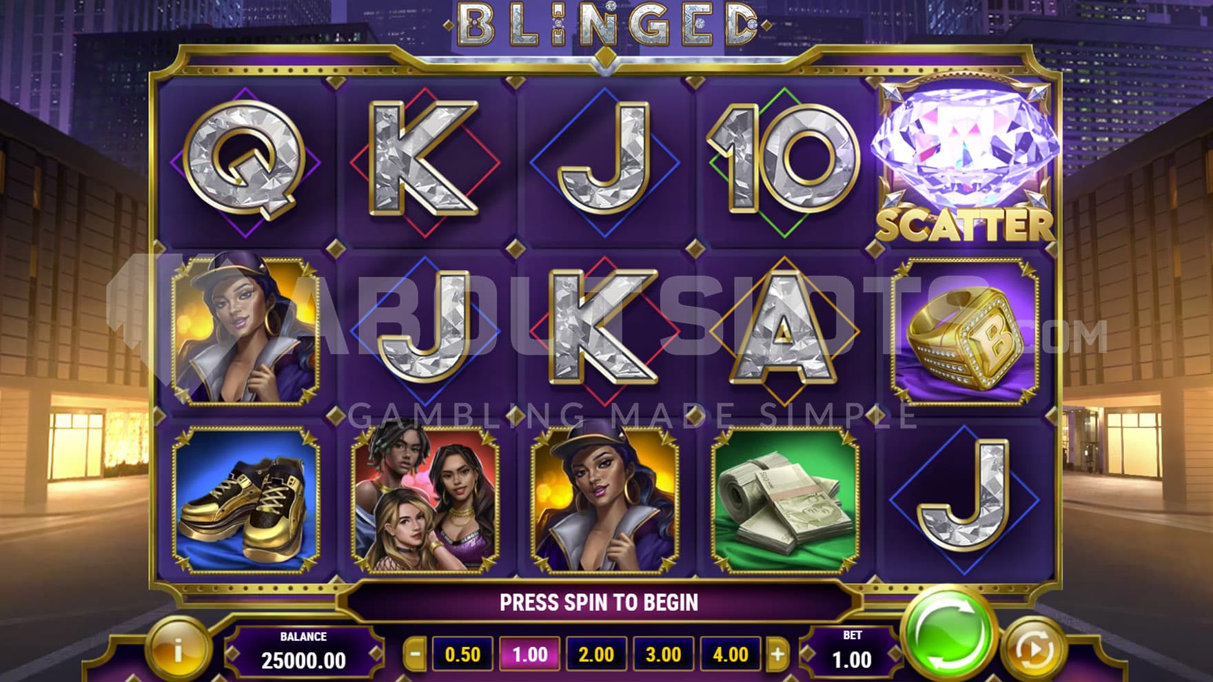 Base Game view of a 5x3 grid on a backdrop of a modern city.