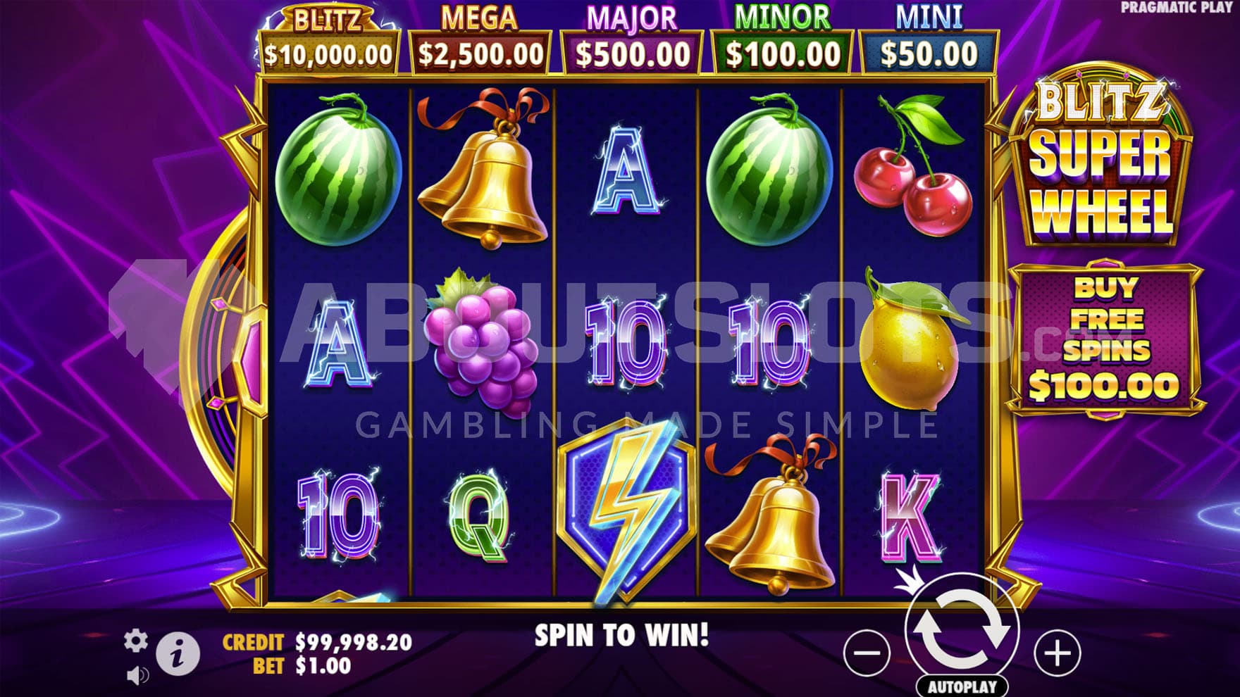 Base Game view of a 5x3 grid on a purple background adorned with lightning patterns.