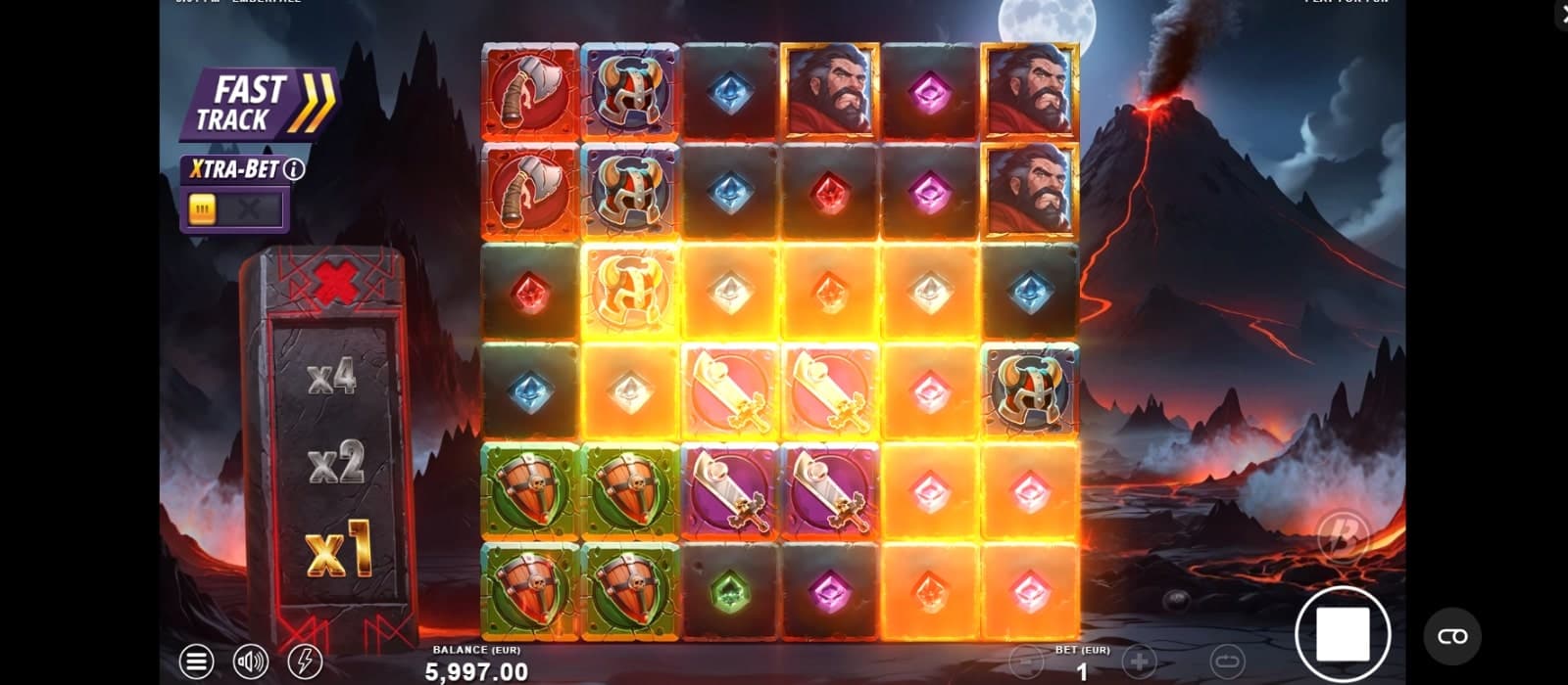 Winning symbols are marked before they're removed in a cascading win in Emberfall.