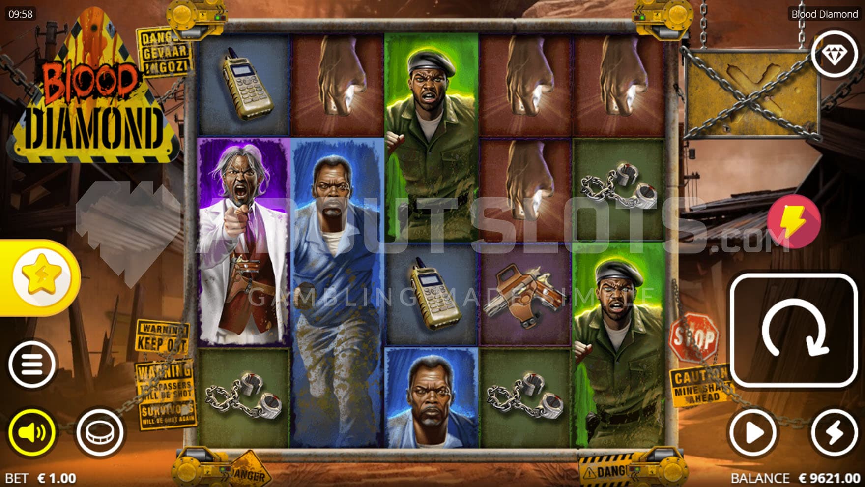Base Game view of a 5x4 grid on a backdrop of a destitute African town with many elements around the grid bound in chains.
