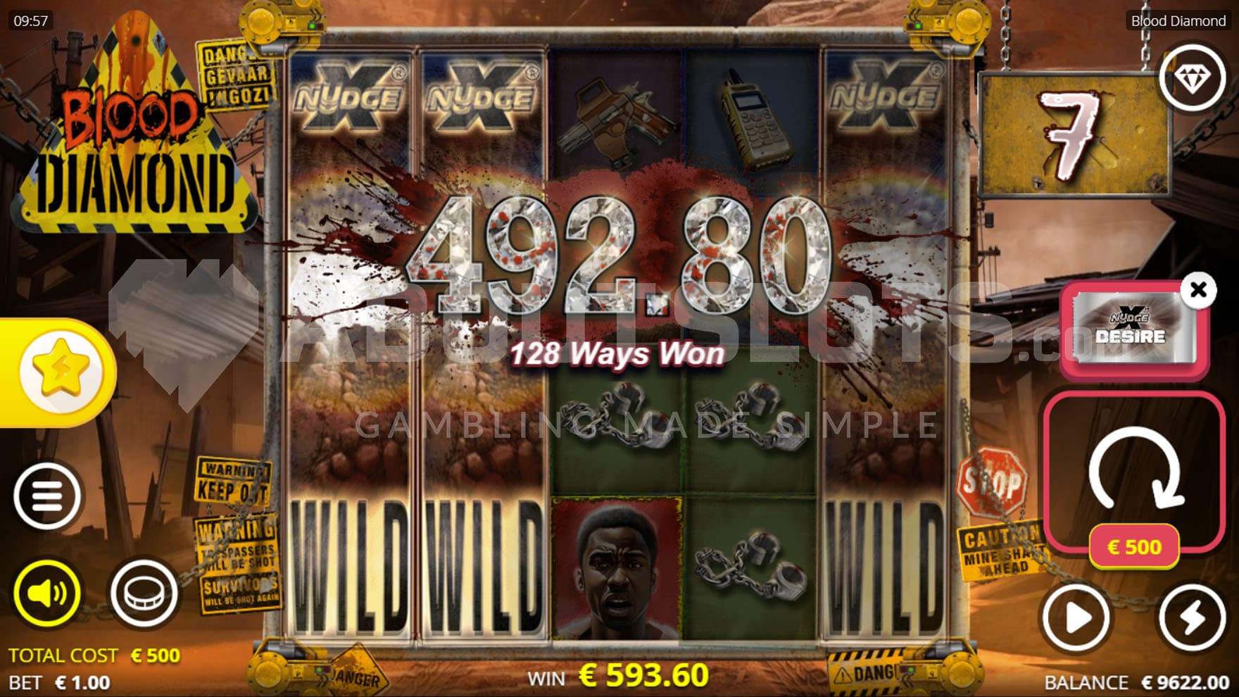 xNudge Desire feature triggered with 3 xNudge Wilds on reels 1, 2, and 5 and a total x7 multiplier awarded.