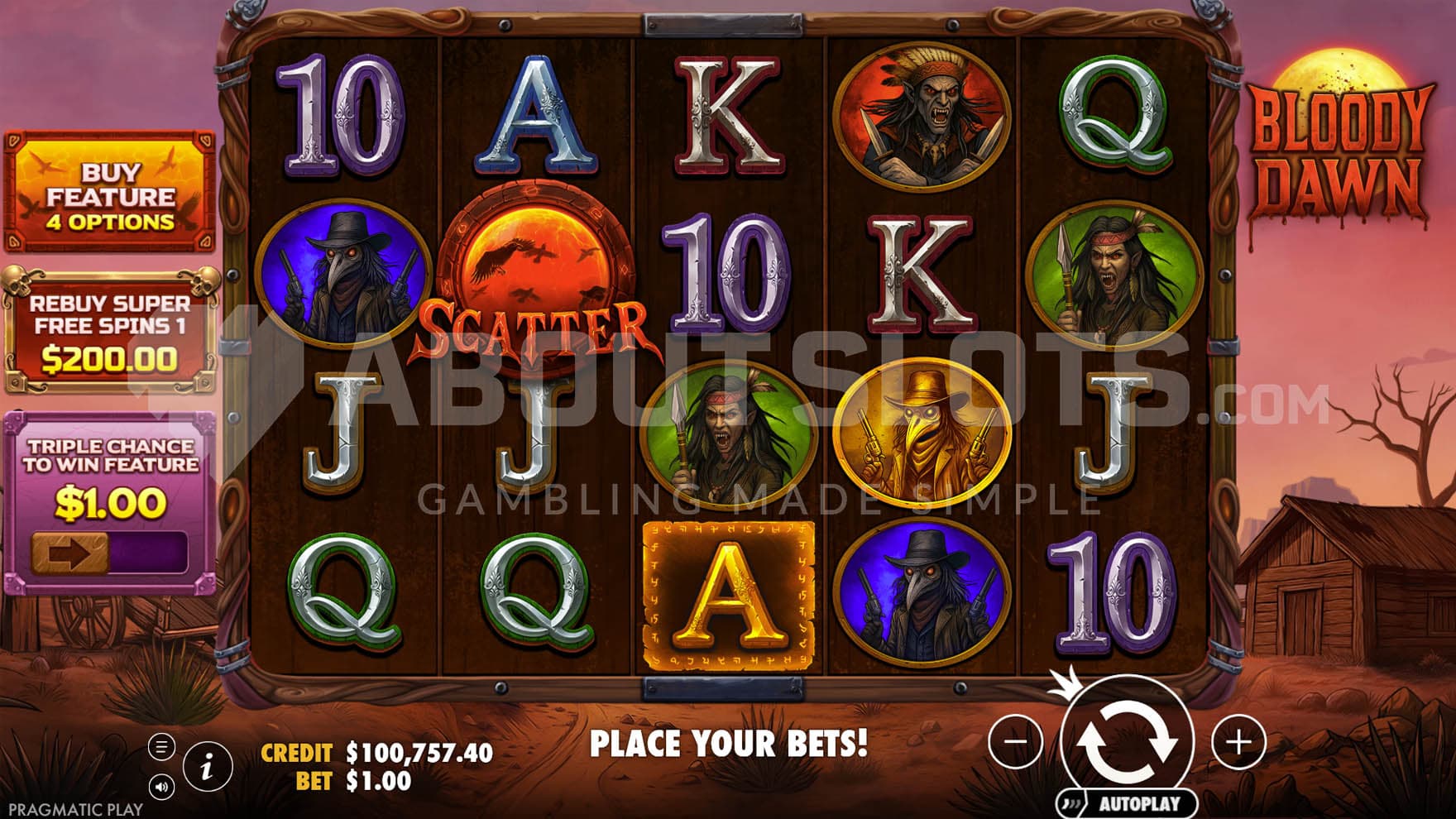 Base Game view of a 5x4 grid on a backdrop of a barren wasteland of the Wild West.