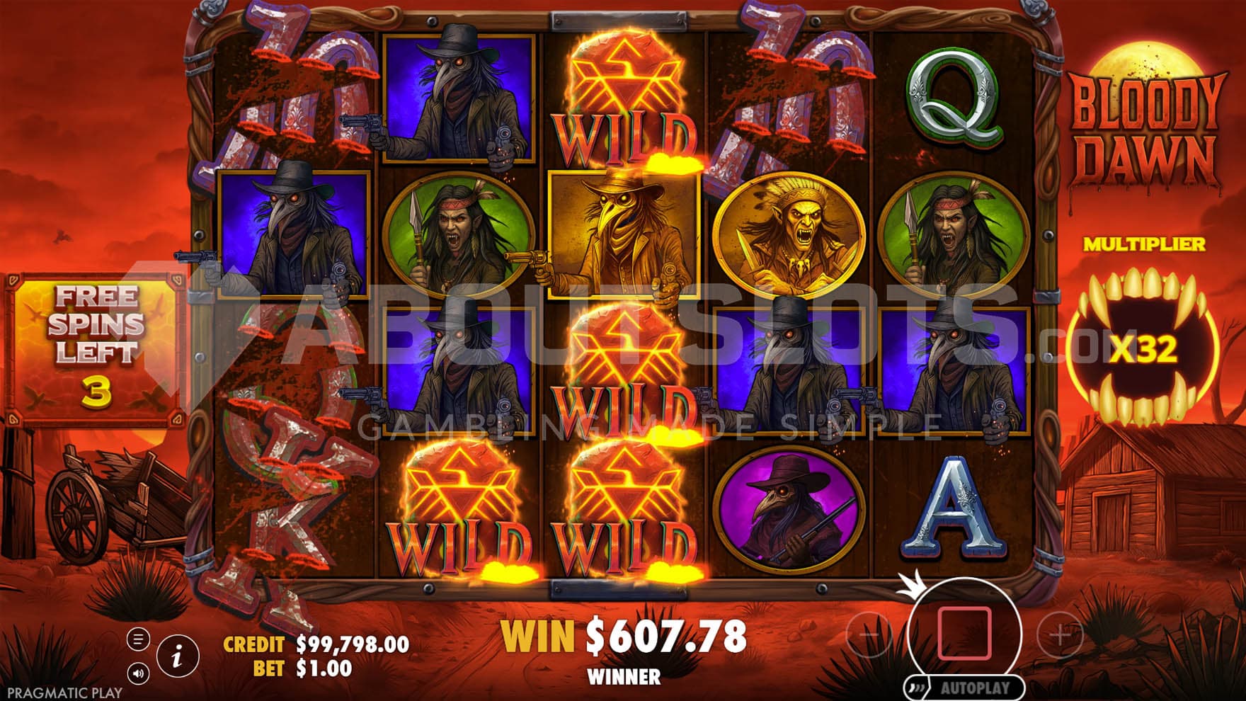 Free Spins bonus in progress, with a win multiplier increased to x32 and multiple Wilds contributing to a win on the grid.