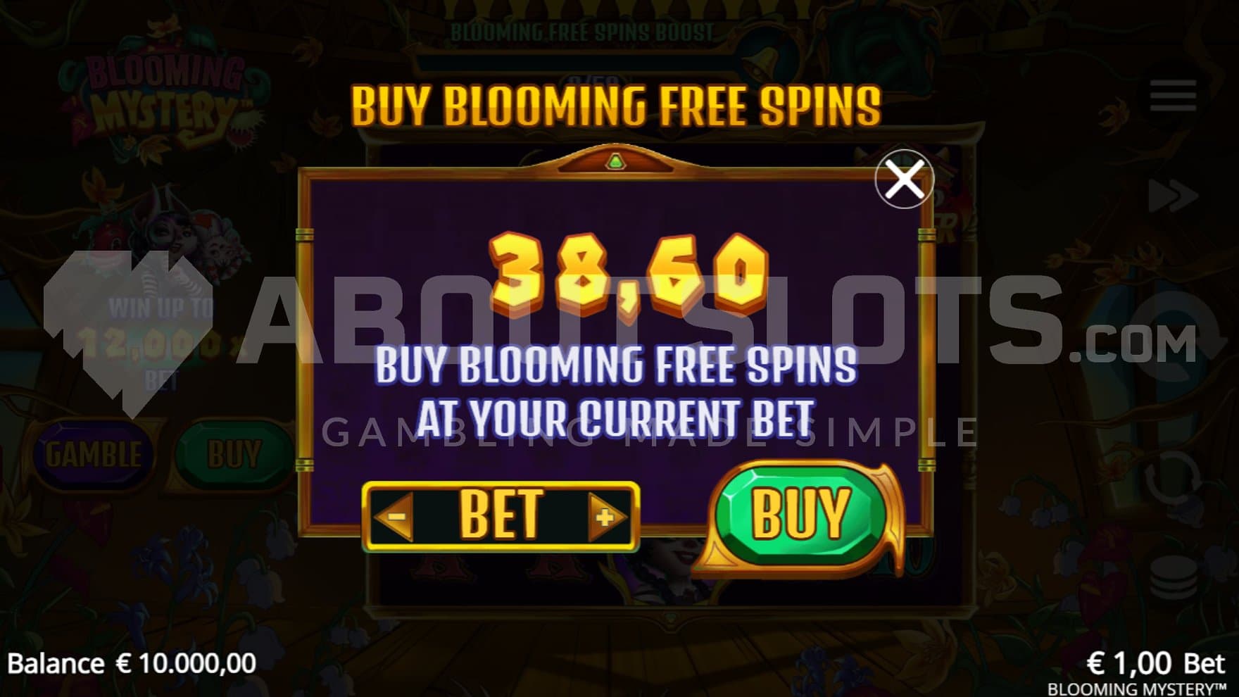 A menu offering the Free Spins for 38.6x the bet.