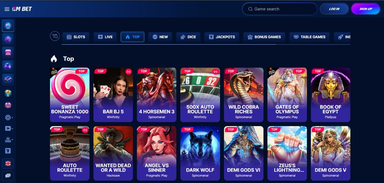 BM Bet Casino games page with top slots like sweet bonanza 1000