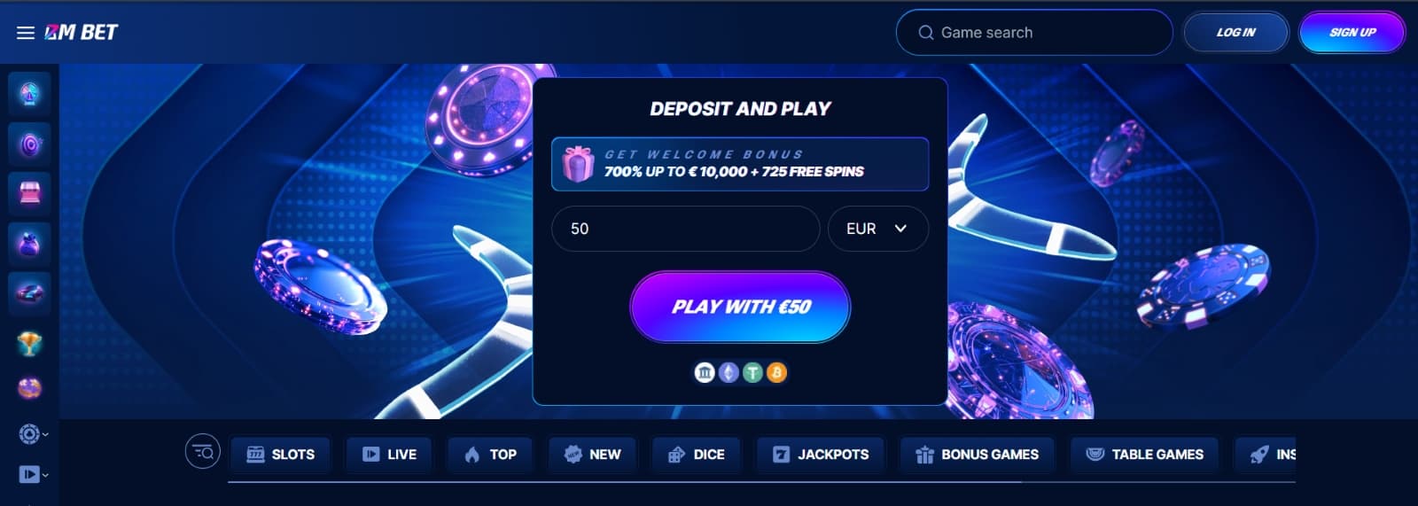 BM Bet Casino Landing page with deposit and play window for registration