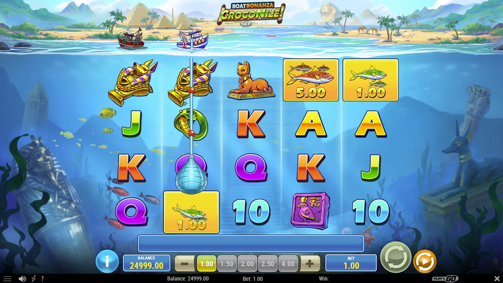 Base Game view of a 5x4 grid set underwater with an Egyptian landscape above surface.